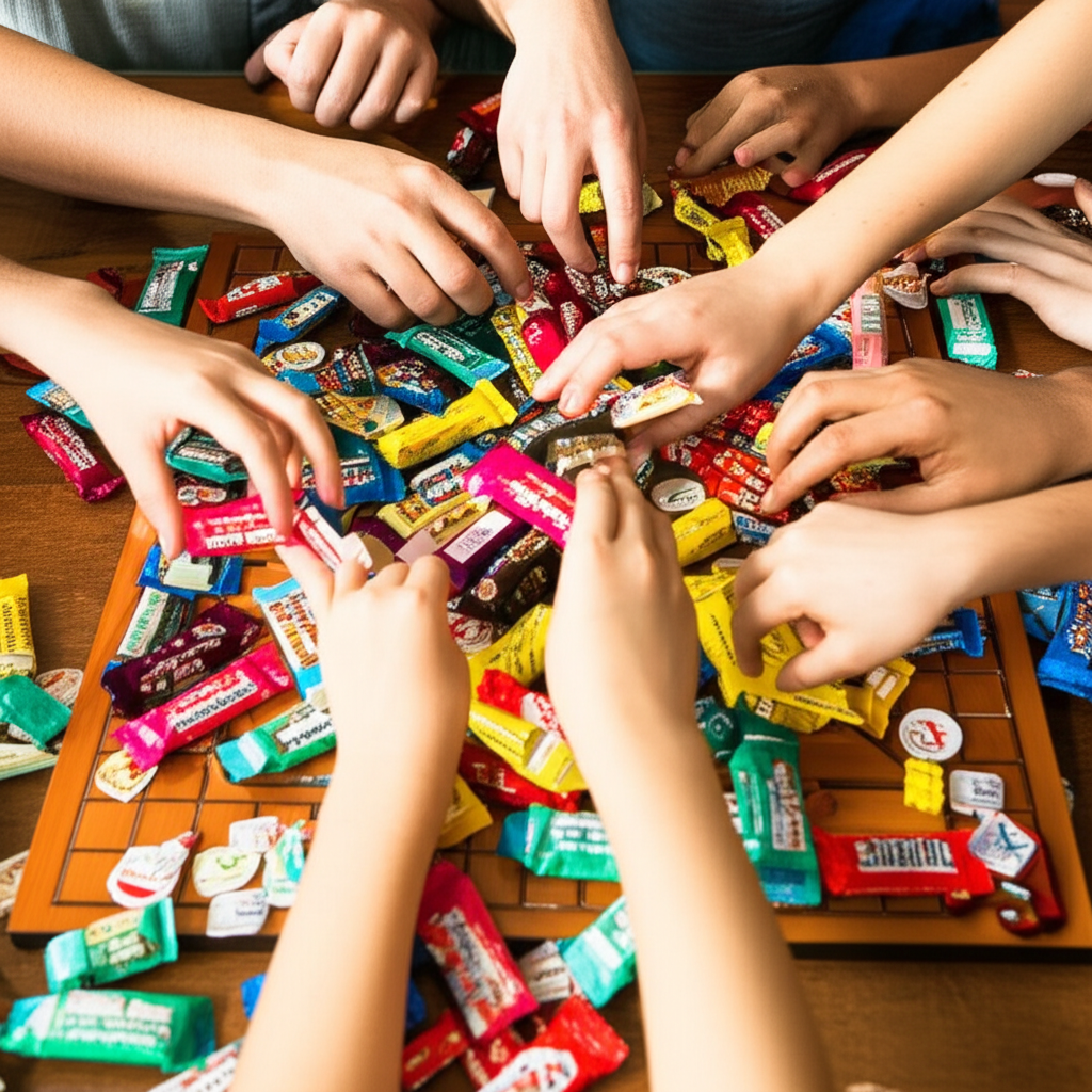 A slightly overhead shot of a diverse family's hands reaching for various colorful, wrapped snacks arranged on a wooden game board (like Scrabble or a modified checkerboard) amidst scattered game pieces. The snacks are brightly colored and visually appealing, some unwrapped to show their delicious insides.