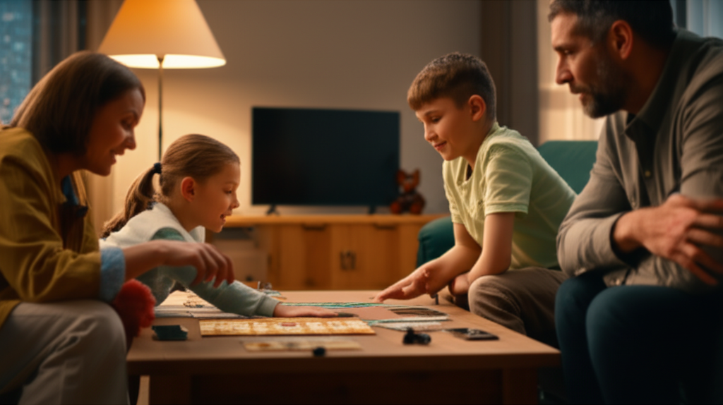 A softly lit living room where a family (parents and children) are gathered around a coffee table playing a board game. The focus is on their engaged expressions and the warmth of the light, with all electronics (phones, tablets, TV) subtly out of focus and placed out of view. The scene is cozy and inviting, suggesting a relaxed and connected atmosphere.