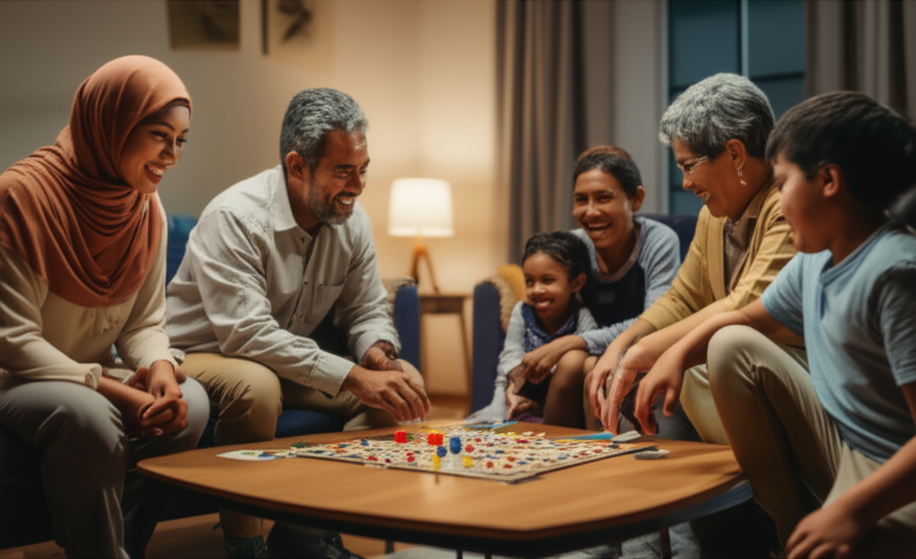 The image should show a warmly lit living room at night. A diverse family (mother in hijab, father, grandparents, two children) are gathered around a low coffee table. On the table, there's a partially played board game with colourful pieces. The focus is on the genuine smiles and laughter shared between the family members as they interact.