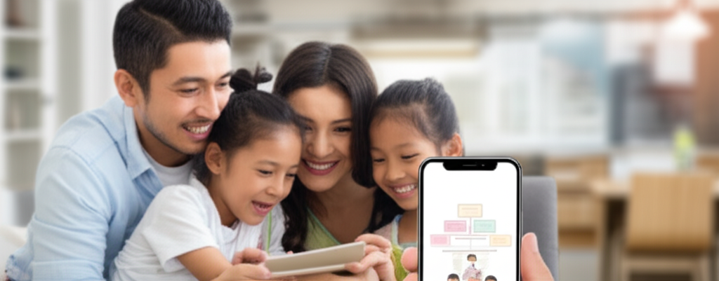 A family (father, mother, and two children) looking at a smartphone together, all smiling. The smartphone screen reflects a stylized, clean image of a family tree with gentle, pastel colors. The background is a warmly lit, modern living room.