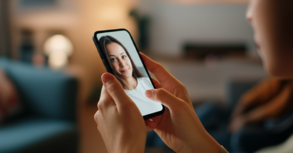 A hand gently using a smartphone, the light from the screen illuminating the face, showing a subtle expression of peace and security. The background is blurred but suggests a warm, inviting family setting, like a living room with soft lighting.