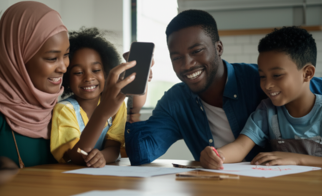 A diverse family (mother in hijab, father in a button-down shirt, and two children) are gathered around a kitchen table. One child is holding up a smartphone, and the light from the screen illuminates their smiling faces. The other child is happily drawing with crayons on a piece of paper. The setting should feel warm, secure, and representative of family values.