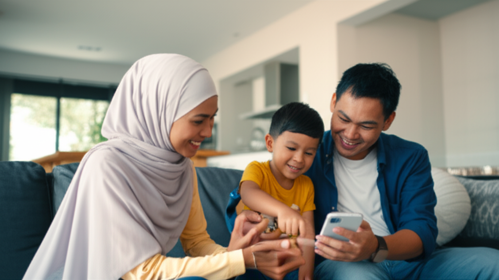 An open-plan, brightly lit modern living room, with a family (mother wearing a hijab, father, young child) comfortably interacting. The father is holding a smartphone and smiling as he shows something on the screen to the child, who is also smiling and pointing at it. The overall atmosphere is one of warmth, trust, and wholesome family connection.