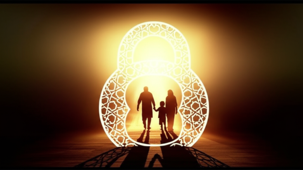 A glowing, intricately designed padlock (almost resembling Islamic art) gently shielding a family silhouette holding hands. The family is depicted from the back, walking towards a warm, inviting light.