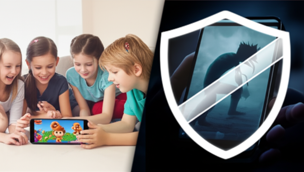 A split-screen showing two contrasting scenes. On one side, children are playfully interacting with a brightly lit, colorful, and engaging animated cartoon on a smartphone screen. On the other side, a dimly lit scene depicting shadowy, potentially harmful content (like a scary game or questionable video) being blocked by a glowing, transparent shield or icon superimposed over the phone screen. The composition should subtly emphasize the peacefulness and safety of the first scene versus the blocked and potentially dangerous nature of the second.