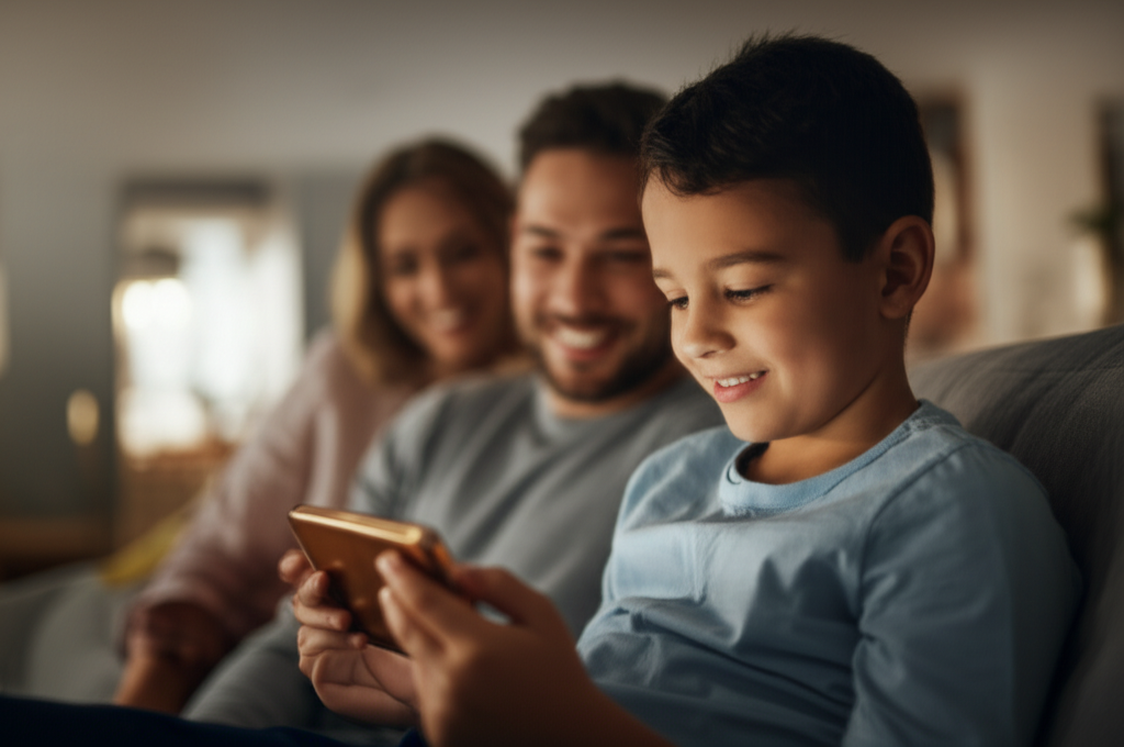 A warmly lit living room scene. A mother and father are smiling gently, looking together at their young child (around 7-8 years old) who is holding a smartphone. The child is sitting comfortably on a cozy sofa, and the light from the phone illuminates their face slightly. The background is blurred, but suggests a safe and comfortable home environment.