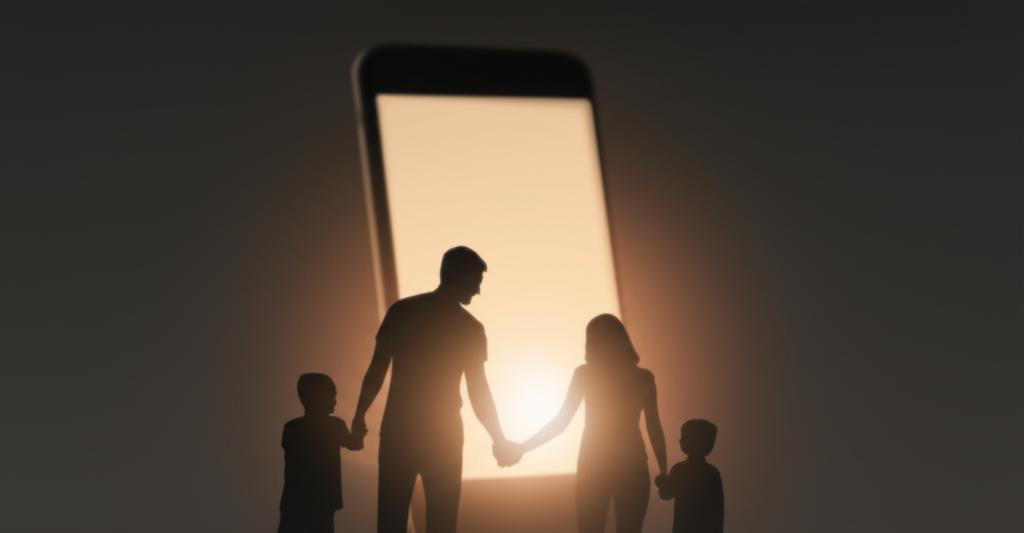 A silhouette of a family (father, mother, and two children) holding hands, looking towards a stylized, glowing smartphone that's casting a warm, comforting light on their faces. The light is subtly filtered to appear less harsh and more gentle.