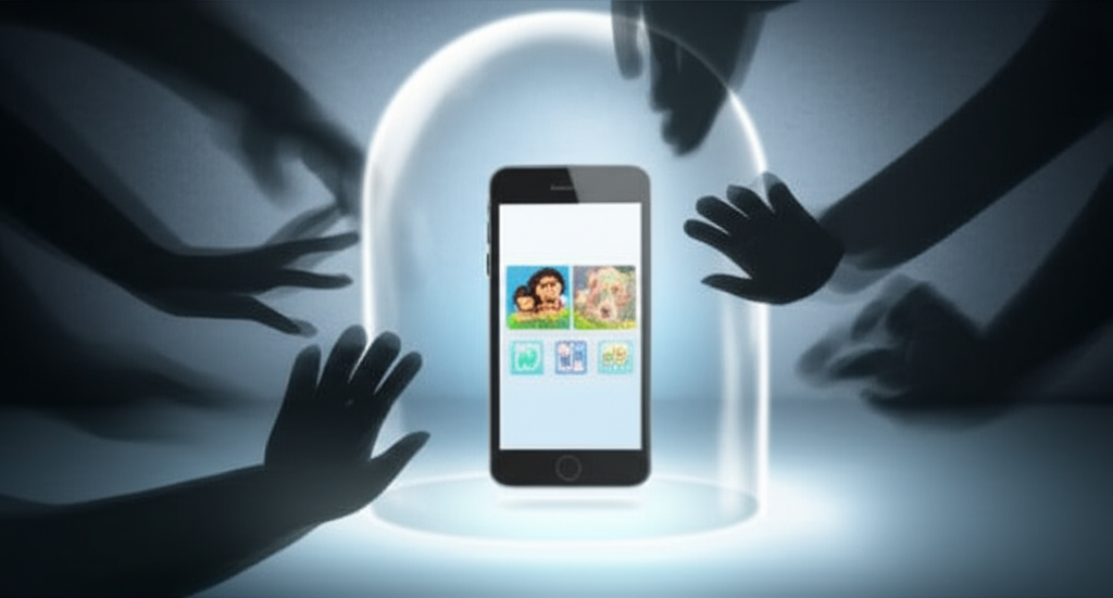 A stylized, slightly abstract image showing a smartphone encased in a protective, glowing, translucent dome. Outside the dome, several shadowy, indistinct figures are reaching towards the phone, but their hands are blocked by the dome. Inside the dome, the phone's screen shows a simple, safe-looking, family-oriented app icon.