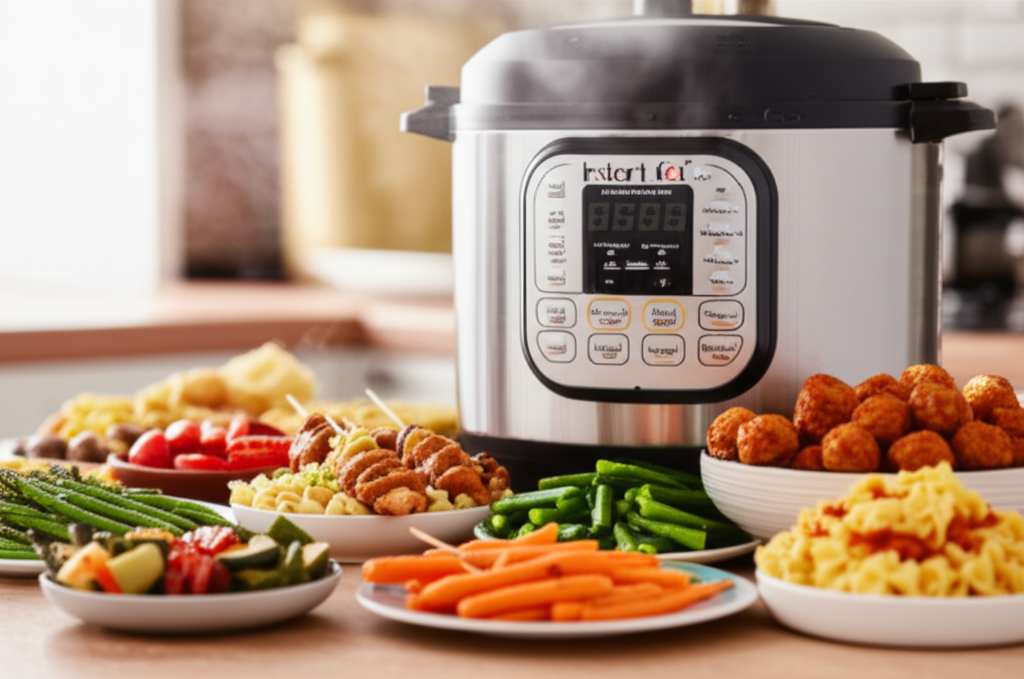 A colorful assortment of perfectly cooked, kid-friendly dishes (e.g., small chicken skewers, mini meatballs with pasta, bite-sized vegetable portions) arranged artfully around a gleaming Instant Pot. Steam is gently rising from the Instant Pot, subtly suggesting its recent use. The background features a warm, inviting kitchen setting slightly out of focus.