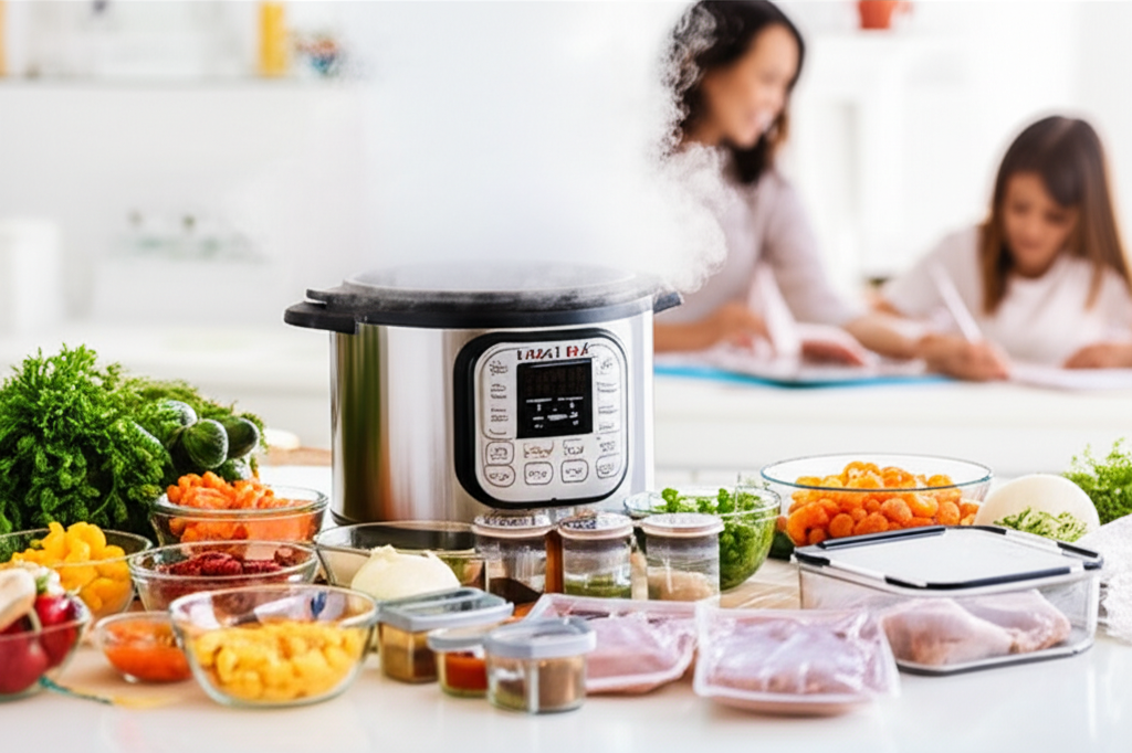 An Instant Pot releasing steam in a brightly lit, modern kitchen. The pot is surrounded by neatly organized, fresh ingredients in glass bowls and prep containers - chopped vegetables, spices, and halal-certified meat/poultry. A blurred figure of a parent, likely a woman, is smiling slightly in the background, glancing towards the pot while simultaneously helping a child with homework at the kitchen counter. The overall feeling is calm and efficient, not chaotic.