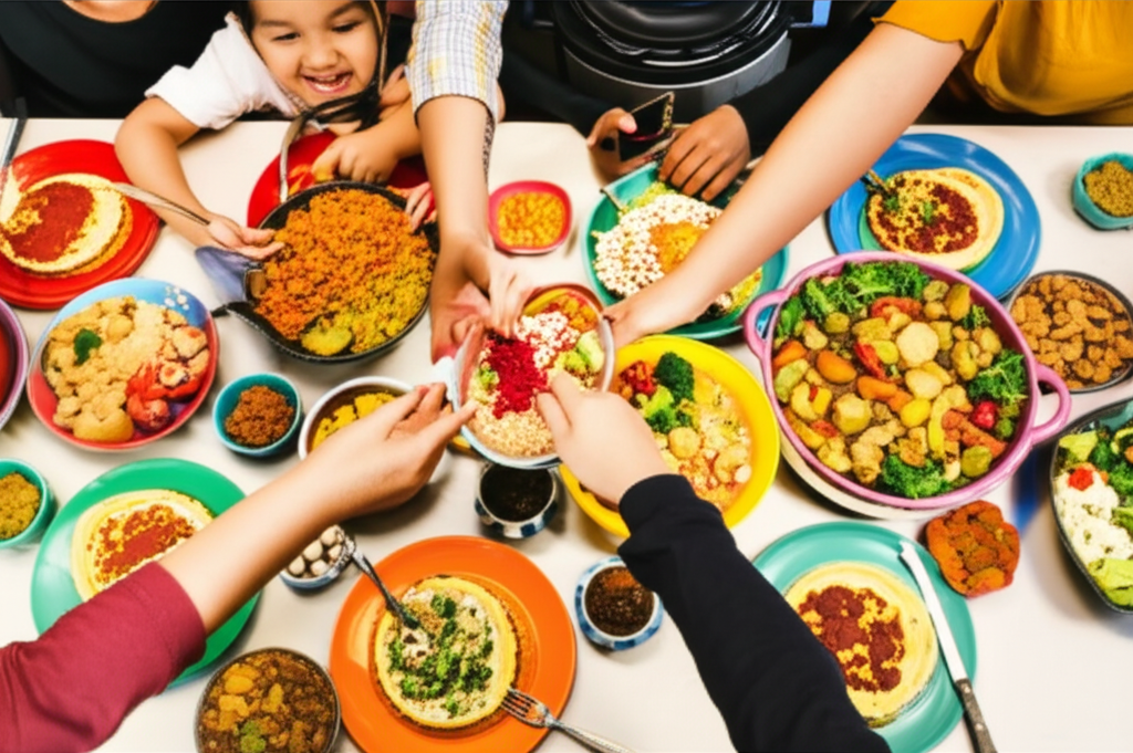 A vibrant, overhead shot of a table laden with colorful bowls and plates. Each bowl contains a different halal Instant Pot dish, showcasing variety in color and texture. A family of four is gathered around the table, with hands reaching for different dishes and smiles on their faces. The focus is on the food and the happy family enjoying a shared meal.