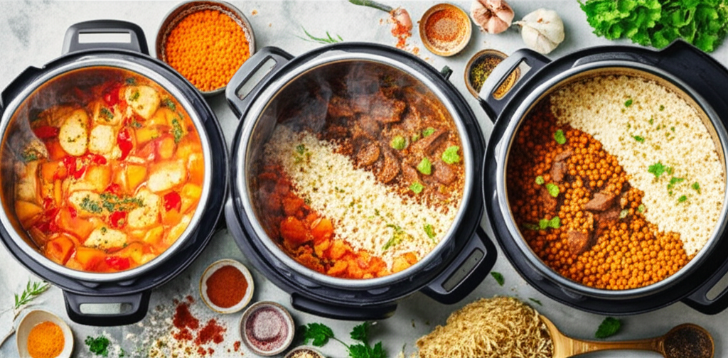 A vibrant, overhead shot of three separate Instant Pots, each showcasing a different finished dish. One pot contains a brightly colored chicken and vegetable stew, another shows a rich and savory beef and rice dish, and the third displays a flavorful vegetarian lentil curry. Steam is gently rising from each pot, suggesting freshness and warmth. All three pots are surrounded by neatly arranged, relevant ingredients like fresh herbs, spices, and chopped vegetables, alluding to the recipes contained within.