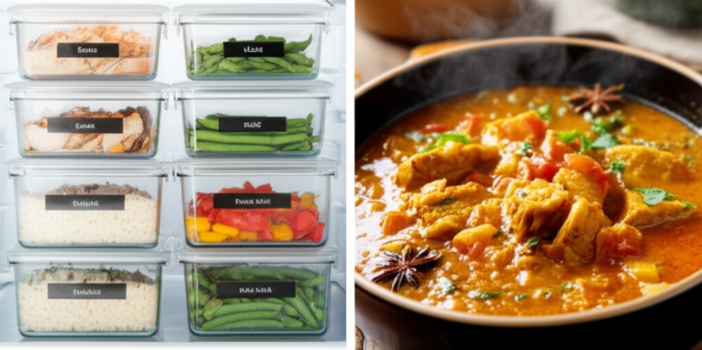 A split image. One side shows several labeled, transparent containers neatly stacked in a refrigerator, filled with different pre-cooked components of a meal, like rice, grilled chicken, and chopped vegetables. The other side shows a steaming bowl of a finished, vibrant halal instant pot meal, like a stew or curry, with visible spices and herbs. The visual emphasizes the transformation from individual prepped ingredients to a delicious, ready-to-eat meal.