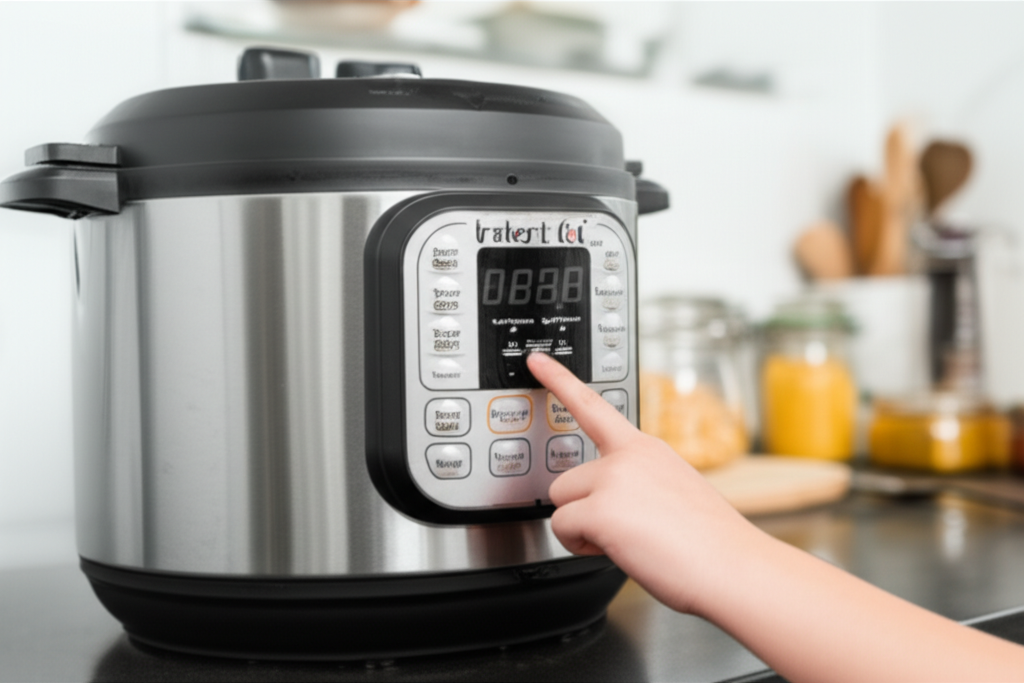 A close-up shot of a clean, modern Instant Pot sitting on a kitchen counter with a child's hand (around ages 8-10) confidently pressing the 