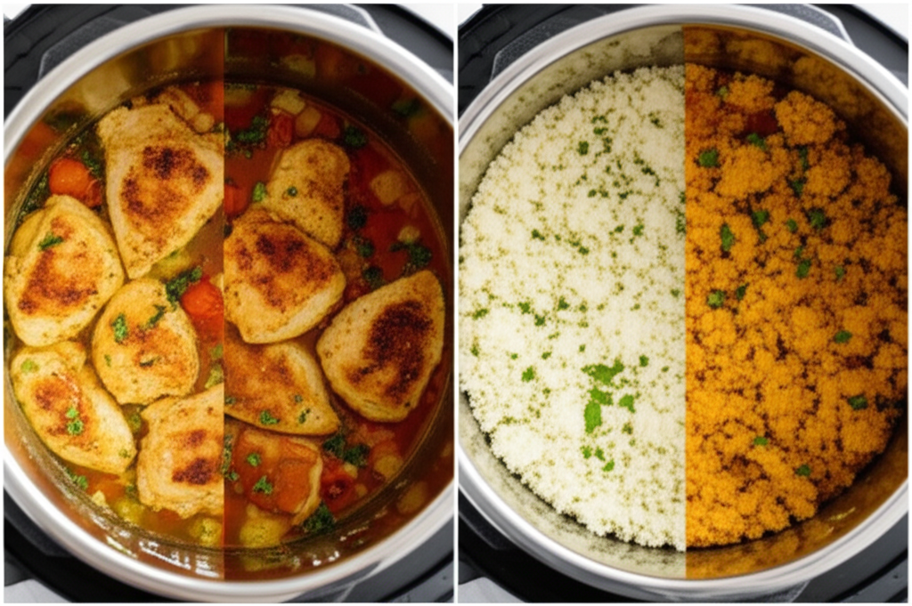 A split-screen image showing the same Instant Pot meal (e.g., a chicken and rice dish) prepared two ways. On one side, the 