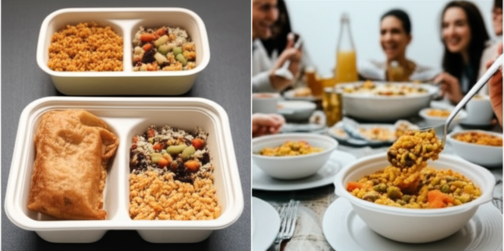 A split image. One side shows a neatly arranged takeout container or fast food meal looking visually appealing but slightly generic. The other side shows a vibrant, colorful home-cooked Halal Instant Pot meal being served into bowls at a family dinner table, with smiling faces partially visible.