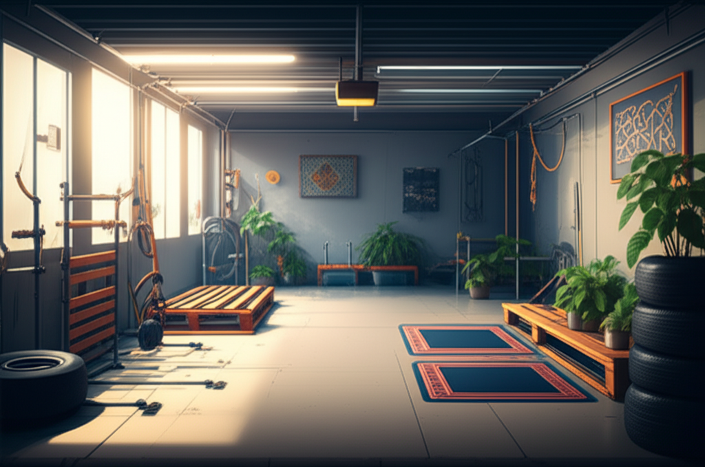 A sunlit garage interior. One section shows fitness equipment creatively built from upcycled materials like tires, wooden pallets, and metal pipes. Another section displays prayer mats, a simple Islamic wall hanging with geometric patterns, and potted plants, subtly suggesting a calm and mindful space. The overall impression is clean, inviting, and functional, with a sense of purpose and resourcefulness.