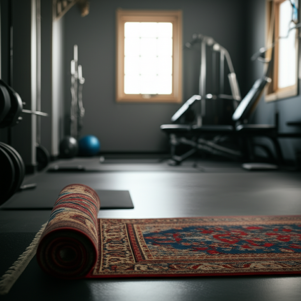 A wide shot of the completed garage gym, softly lit, focusing on the prayer rug neatly rolled out in a dedicated corner. The rest of the gym equipment is subtly visible in the background, conveying a sense of peace and accomplishment within the workout space.
