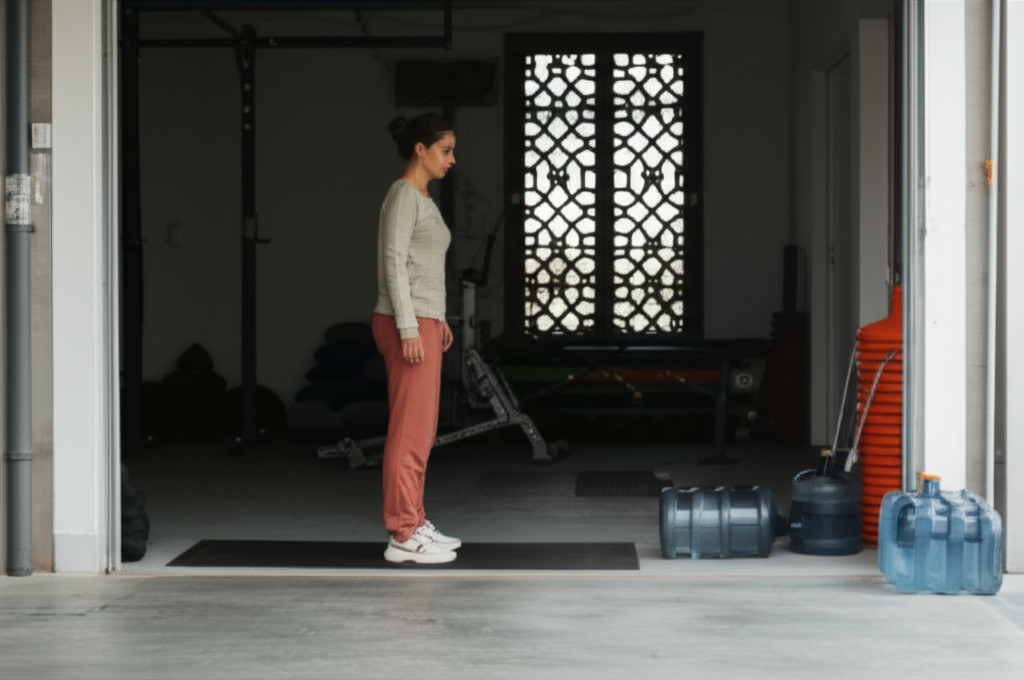 An image showing a person (gender ambiguous or clearly female) working out in a clean, well-lit garage gym space. The person is wearing modest, loose-fitting athletic clothing with long sleeves and pants. In the background, a glimpse of simple, geometric Islamic-inspired art or a decorative screen is visible. Repurposed workout equipment like water jugs used as weights or a sturdy wooden bar used for pull-ups is subtly incorporated. The overall impression is one of comfortable modesty and mindful fitness.