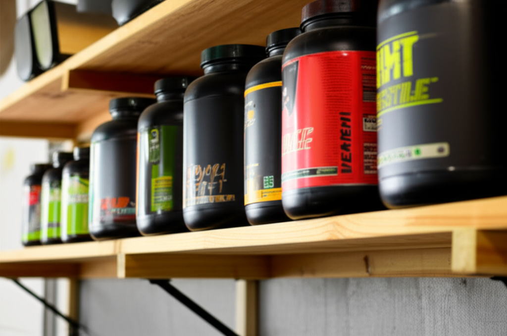 A close-up shot of several different supplement containers arranged neatly on a clean, unfinished wooden shelf in a garage setting. The supplement containers should have labels that are mostly obscured but subtly suggest they are vitamins or protein powders (e.g., generic shapes and colors associated with those products). The focus is on the clean, simple arrangement and the context of a home garage gym, not the specific brands or details of the supplements themselves.