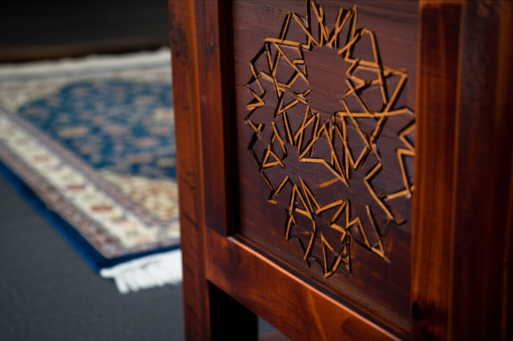 A close-up shot showcasing a portion of a weight rack made from repurposed wood. The wood is stained a rich, dark color and has a simple, geometric pattern reminiscent of Islamic art inlaid into the side panel. A prayer rug is subtly visible in the blurred background, suggesting a peaceful and mindful workout space.