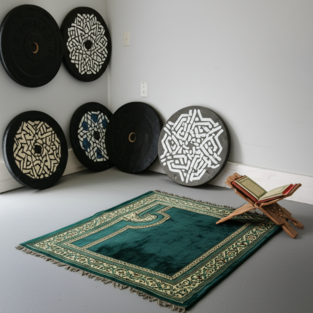 A softly lit corner of a garage gym. In the background, repurposed weight plates painted with simple, geometric Islamic patterns lean against the wall. In the foreground, a prayer rug is neatly laid out facing Mecca, with a small, elegant wooden stand holding a Quran beside it. The overall feeling is calm and serene, a counterpoint to the active gym space surrounding it.