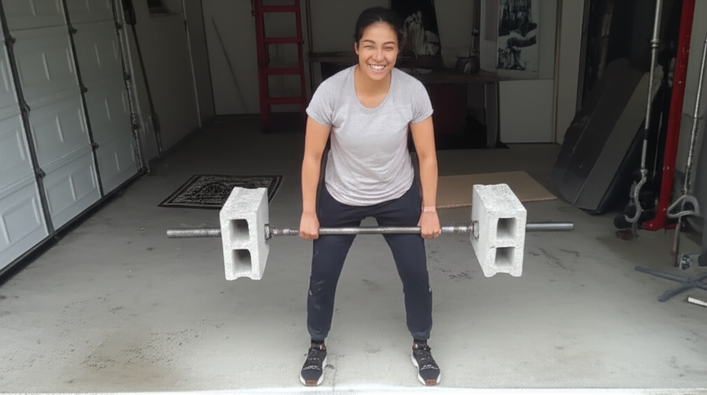 A photo of a smiling person (ethnically ambiguous, dressed in modest athletic wear) lifting a barbell made of cinder blocks and a repurposed metal pipe in a garage. The garage is tidy but not overly polished, and a corner of a prayer rug is visible subtly in the background.