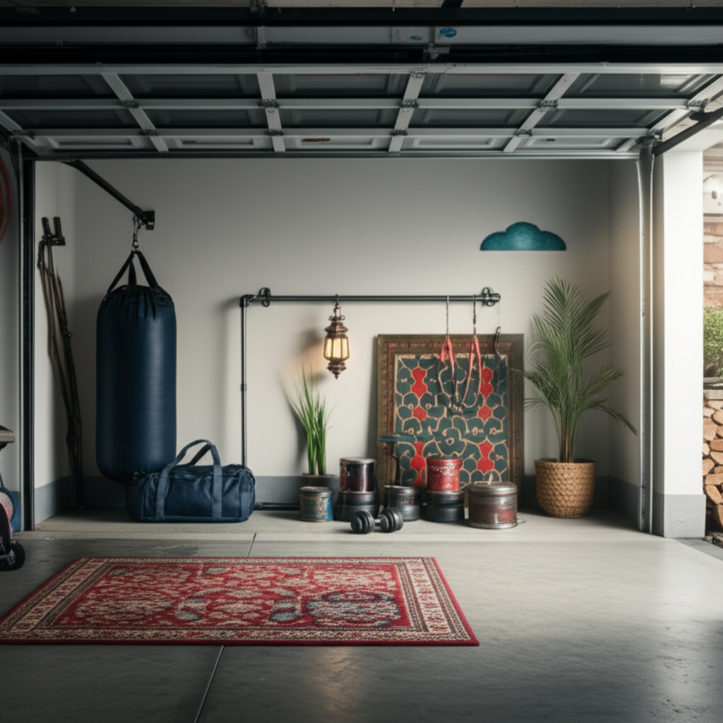 A visually pleasing arrangement of repurposed home gym equipment (like a sandbag made from old duffel bags, weights made from filled paint cans, and a pull-up bar made from plumbing pipes) arranged neatly in a garage setting. The garage has Islamic-inspired decorative touches like a patterned rug, a geometric artwork piece, and maybe a potted plant (like date palm seedling), all subtly placed and not overpowering the equipment. Natural light is filtering in, creating a welcoming and functional space.
