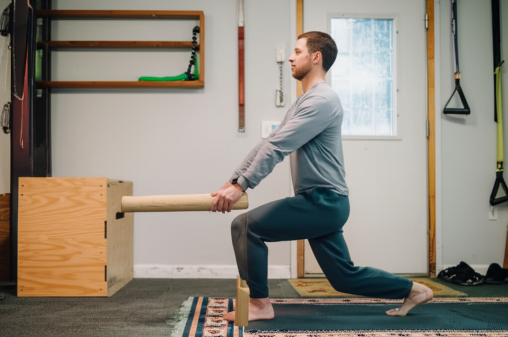 A person in modest athletic wear (e.g., loose-fitting long-sleeved shirt and modest athletic pants), with a prayer rug partially visible in the background, is gracefully performing a bodyweight exercise like a pistol squat while holding a repurposed, smooth, sanded piece of wood (could be an old bedpost or furniture leg) for balance. The exercise is taking place inside a clean, well-lit garage gym with minimal equipment constructed from repurposed materials (e.g., wooden plyo box made from reclaimed wood, resistance bands hanging from a reinforced door frame). The focus is on controlled movement and strength, not extreme exertion.