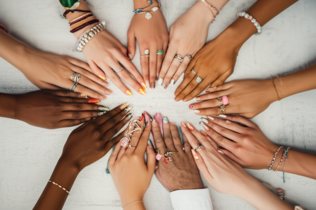 A close-up, softly-lit shot featuring diverse hands (different skin tones, nail art, jewelry styles) gently reaching towards the center of the frame, almost touching, over a subtly textured, neutral-colored backdrop. The hands are adorned with unique, stylish rings and bracelets that reflect a variety of cultural and aesthetic preferences, hinting at unity and connection.