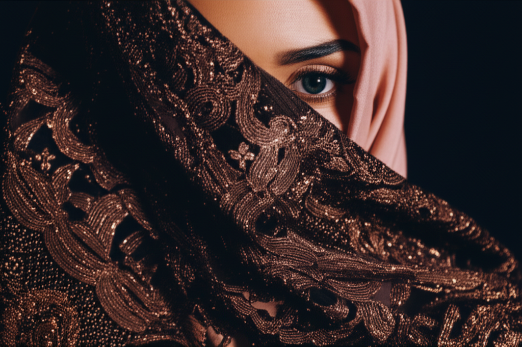 A close-up shot of intricately embroidered fabric, shimmering under studio lights, partially obscuring the face of a model wearing a headscarf. Focus on the texture and artistry of the fabric.