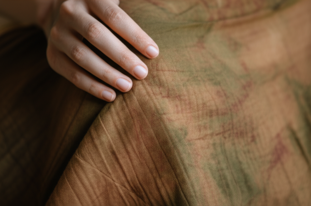 A close-up shot of a hand gently touching a flowing, textured fabric. The fabric is naturally dyed in earthy tones, with subtle variations in color and a visible, organic weave. The hand should have a clean and well-manicured nail, but no jewelry, focusing attention on the fabric's feel and texture. The background is softly blurred, highlighting the fabric as the subject.