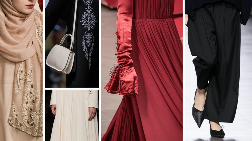 A collage showcasing close-up shots of details from multiple outfits featured in the Modest Fashion Week 2025 collection. The details include: intricate embroidery on a hijab, a stylish handbag held in a gloved hand, the embellishment on the cuff of a flowing dress, and a unique pair of shoes worn with modest trousers. Each detail represents a different element of head-to-toe styling.
