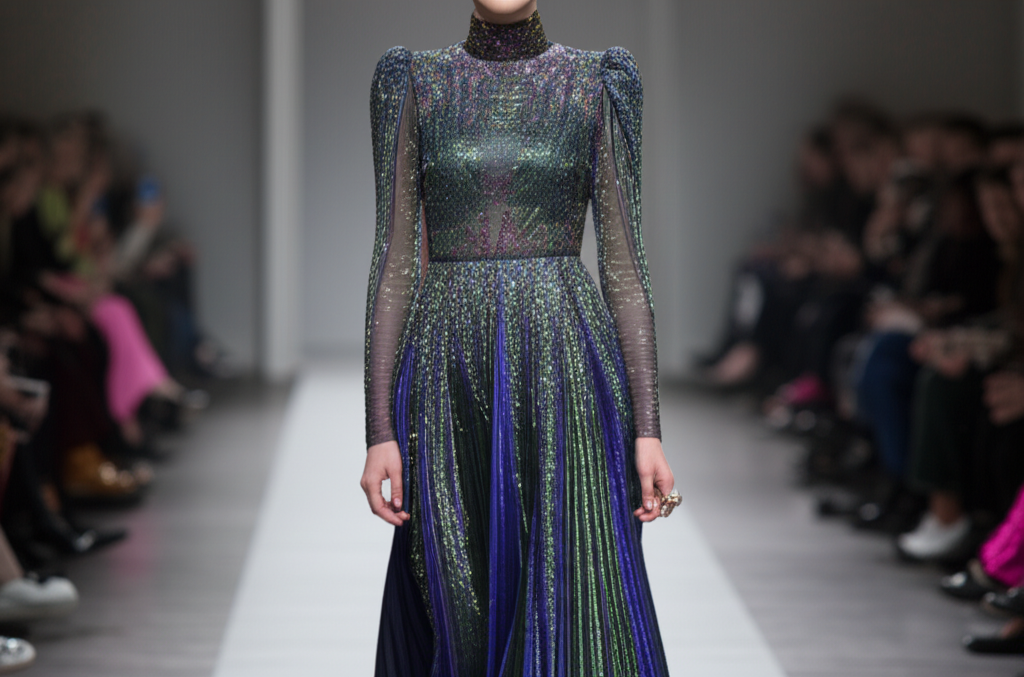 A softly lit, blurred background of a bustling fashion show runway with a single, elegantly posed model in sharp focus. The model wears a flowing, jewel-toned evening gown with long sleeves and a high neckline. The fabric has a subtle, shimmering texture, hinting at luxury and sophistication. The model's expression is serene and confident.