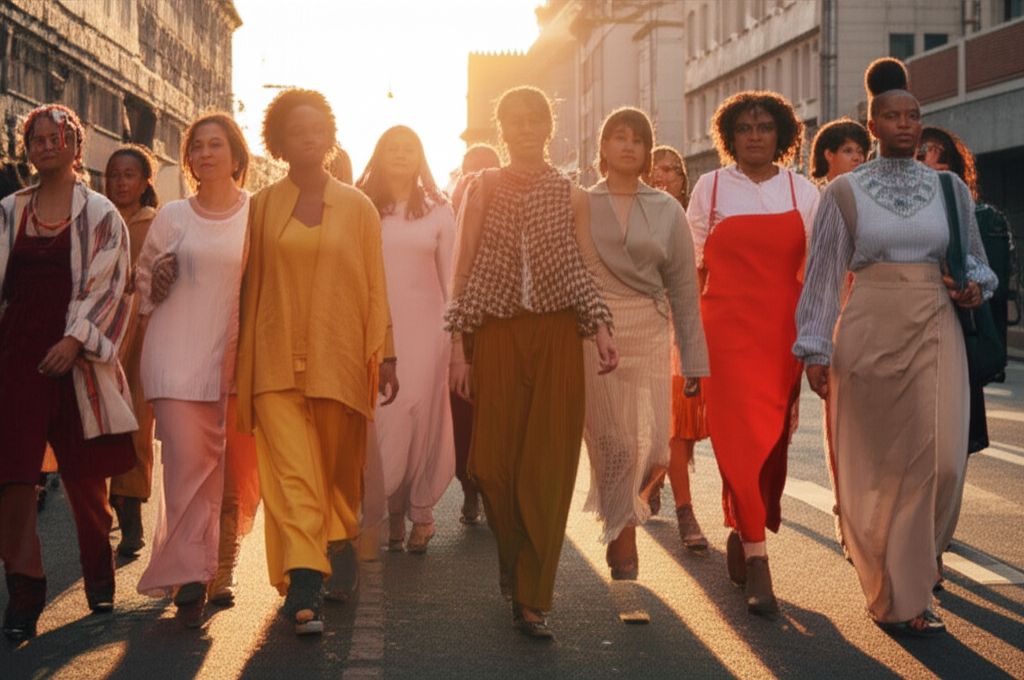 A diverse group of women, all wearing different modest outfits, walking down a city street during sunset. The clothing showcases various textures, colors, and styles, while the natural light accentuates the fabric and silhouettes. Each woman is confident and stylish.