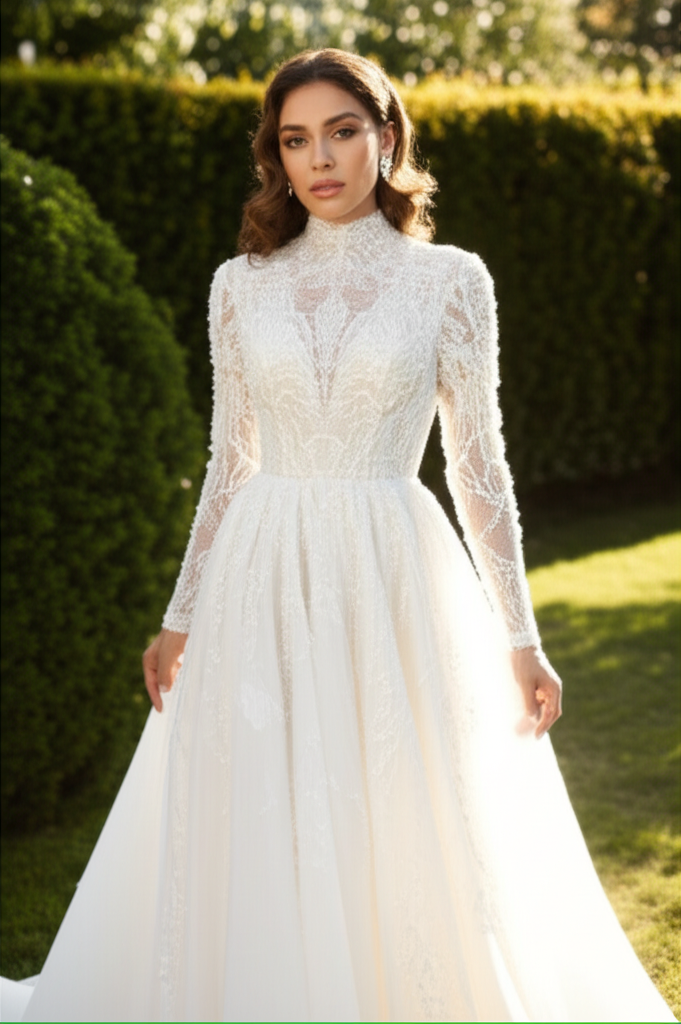 A radiant bride, wearing a stunning, intricately detailed, floor-length white gown with long sleeves and a high neckline, stands gracefully in a sunlit garden. The focus is on the gown's exquisite design and the bride's serene expression. The background is blurred to emphasize the subject.