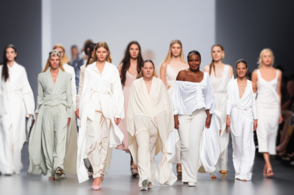 A diverse group of models (different ethnicities, body types, visible and non-visible disabilities, ages) walking down a runway, all wearing modest fashion designs that are visually distinct but aesthetically cohesive, with a background that is blurred and indistinct, emphasizing the models and clothing. The lighting is soft and flattering, highlighting the textures and fabrics of the garments.