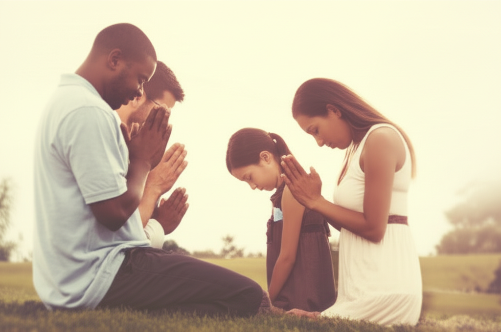 A visually soft, warm-toned image showcasing a diverse family (father, mother, and two children) kneeling together in prayer. The children are looking respectfully towards their parents, who are looking towards the prayer direction, creating a sense of unity, reverence, and peaceful guidance.