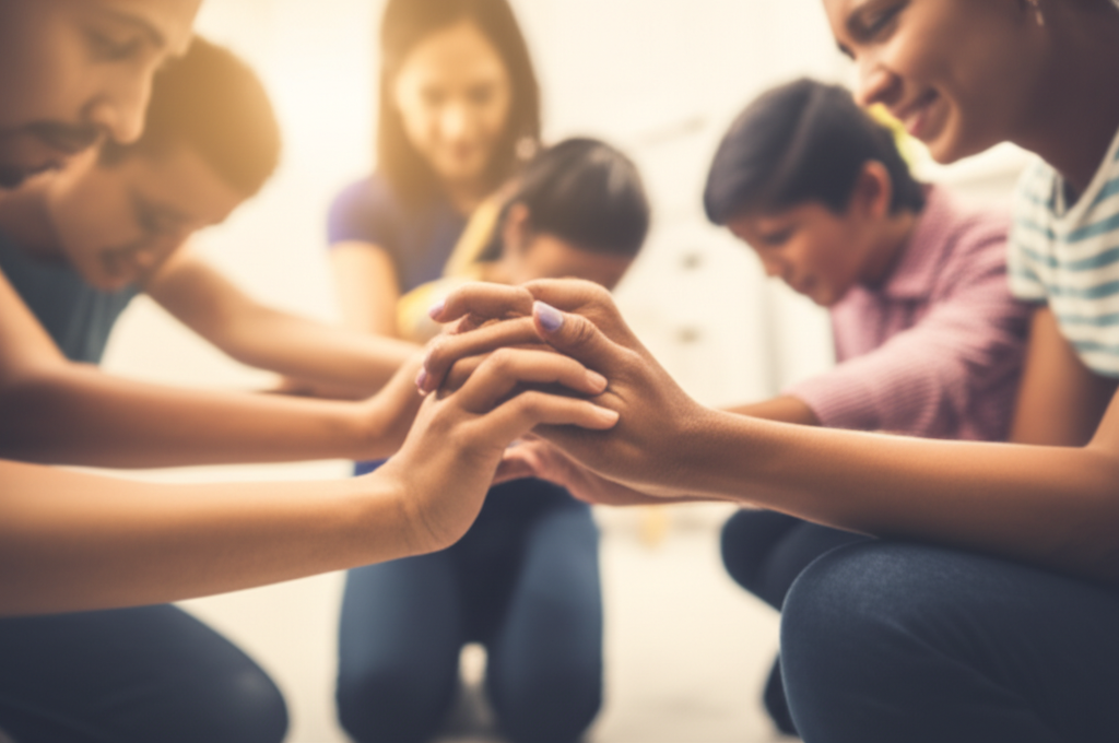 A warmly lit, slightly out-of-focus shot of a family praying together. The parents are kneeling on either side of their children, hands touching in the center. The faces are partially visible, conveying peace and connection.