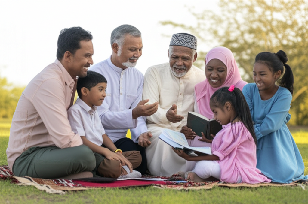 A multi-generational family (grandparent, parents, children) sitting together on a prayer rug. All are smiling and engaged in a quiet activity like reading from a religious text or listening to the grandparent tell a story. The overall tone is peaceful, loving, and connected.