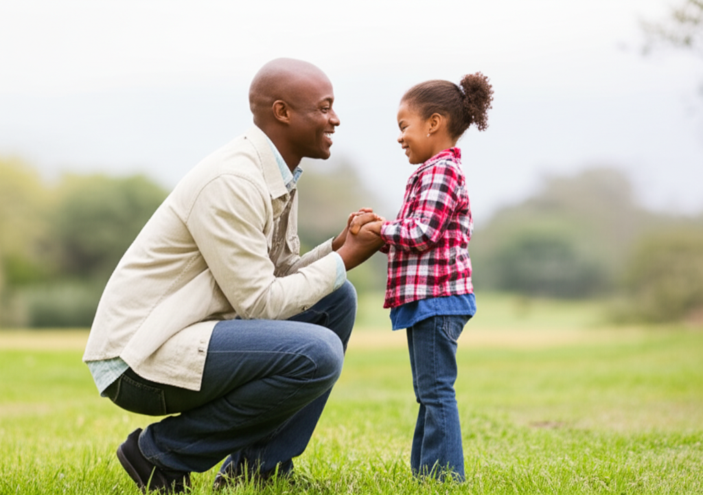 A parent kneeling down to be at eye level with their child, both smiling gently at each other while holding hands.