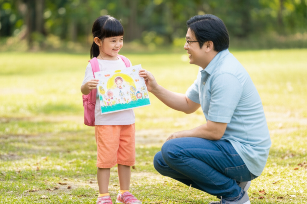A child beaming with pride, holding up a drawing to a parent who is kneeling down, making direct eye contact with the child and smiling warmly. Both parent and child should have a gentle and kind expression.