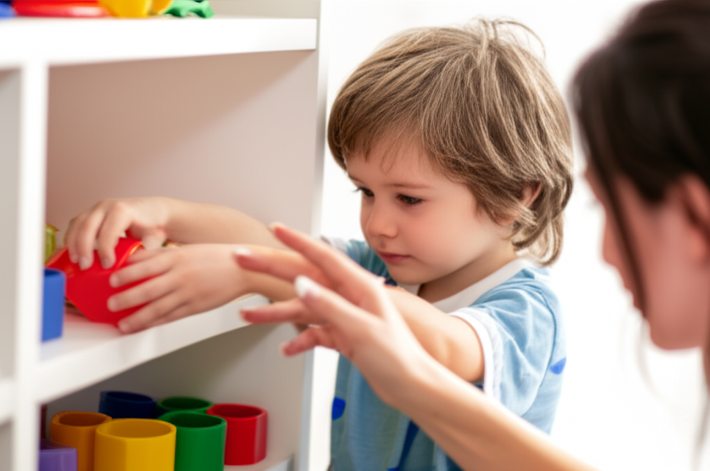 A visual of a child, perhaps around 6-8 years old, carefully placing a small toy back in its designated spot on a shelf in a tidy playroom. An adult hand is visible in the frame, gently guiding the child's hand but not fully doing the task for them, implying support and guidance rather than outright control. The adult's face is out of focus or cropped out, focusing the viewer on the child and the action of tidying. The overall feel of the image should be warm, positive, and collaborative.