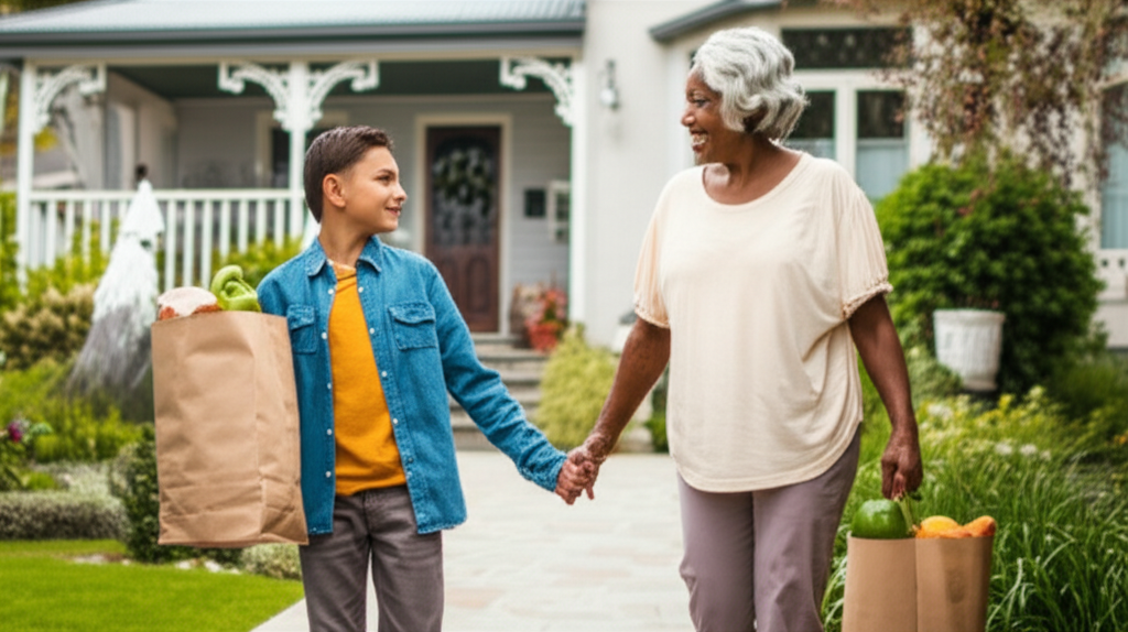An image showing a child, around 7 years old, gently helping an elderly person (could be a grandparent or neighbor) carry groceries into their home. Both are smiling warmly at each other.