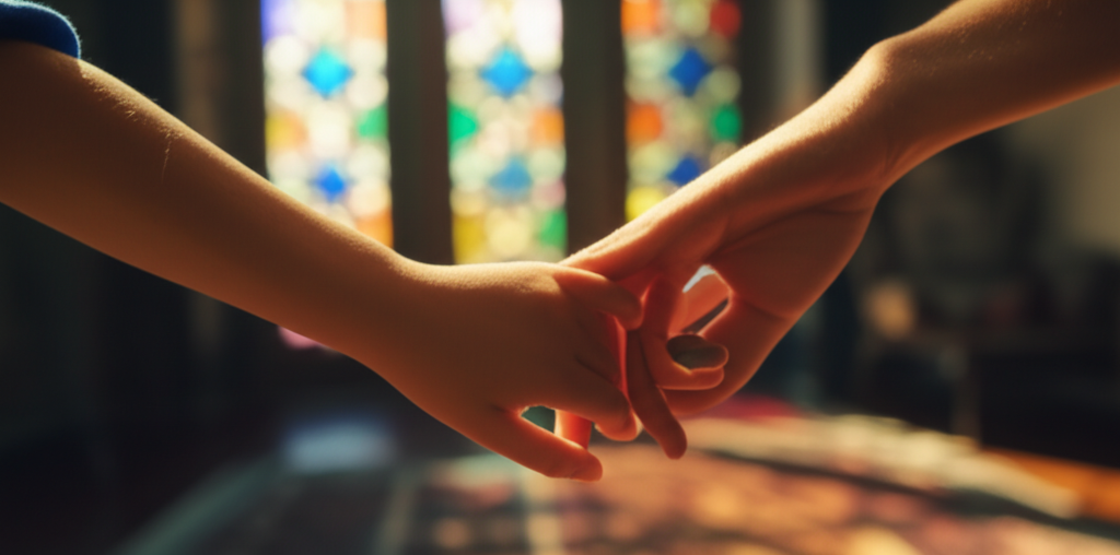 A close-up shot of a parent's hands gently holding a child's hand, illuminated by the soft, diffused light filtering through a traditional window design (e.g., a mashrabiya or stained glass with Islamic geometric patterns). The background is softly blurred and suggests a peaceful domestic setting.