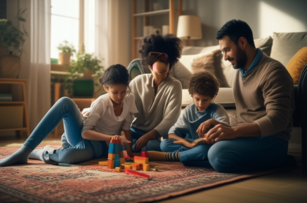 A family (parents and children) seated on a comfortable rug in their living room, engaged in a collaborative activity like building a simple structure out of blocks or reading a book together. The setting is warm and inviting, with soft natural light.