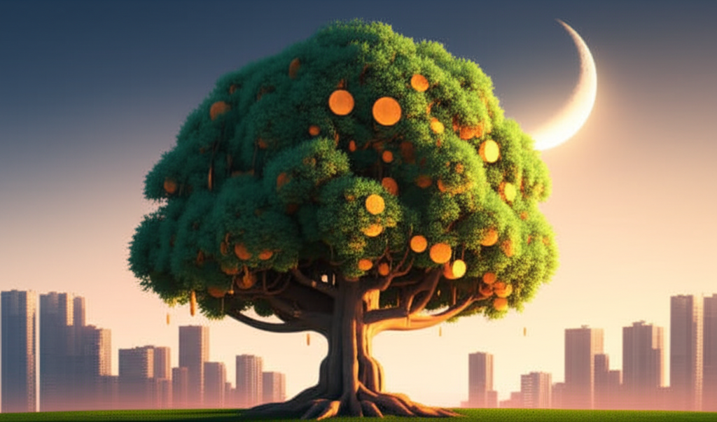 A crescent moon subtly framing a thriving, green family tree with golden coins nestled amongst its leaves. The background is a peaceful, dawn-lit cityscape silhouette.