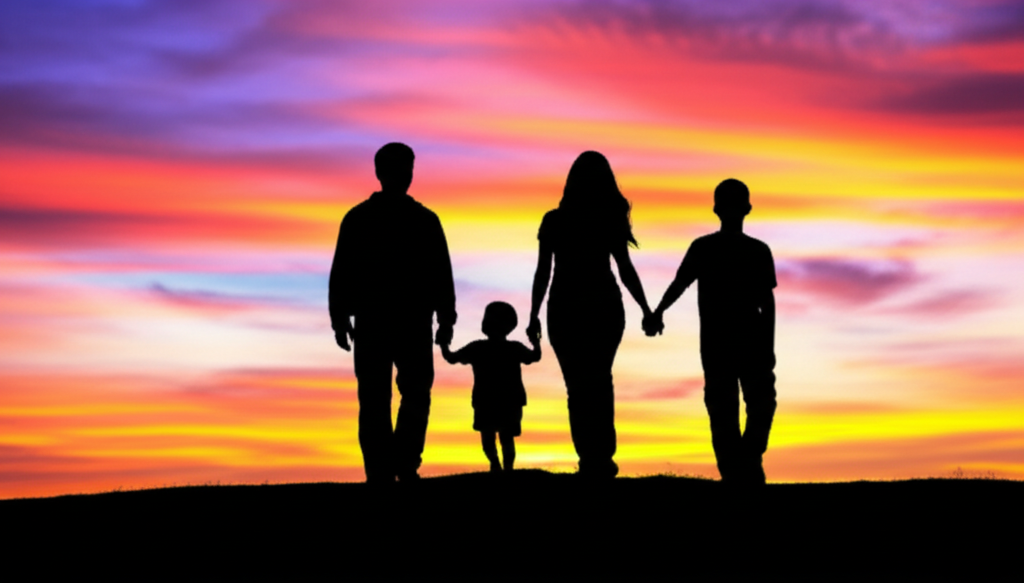 A family (parents and 1-2 children) silhouetted against a vibrant, hopeful sunset backdrop.