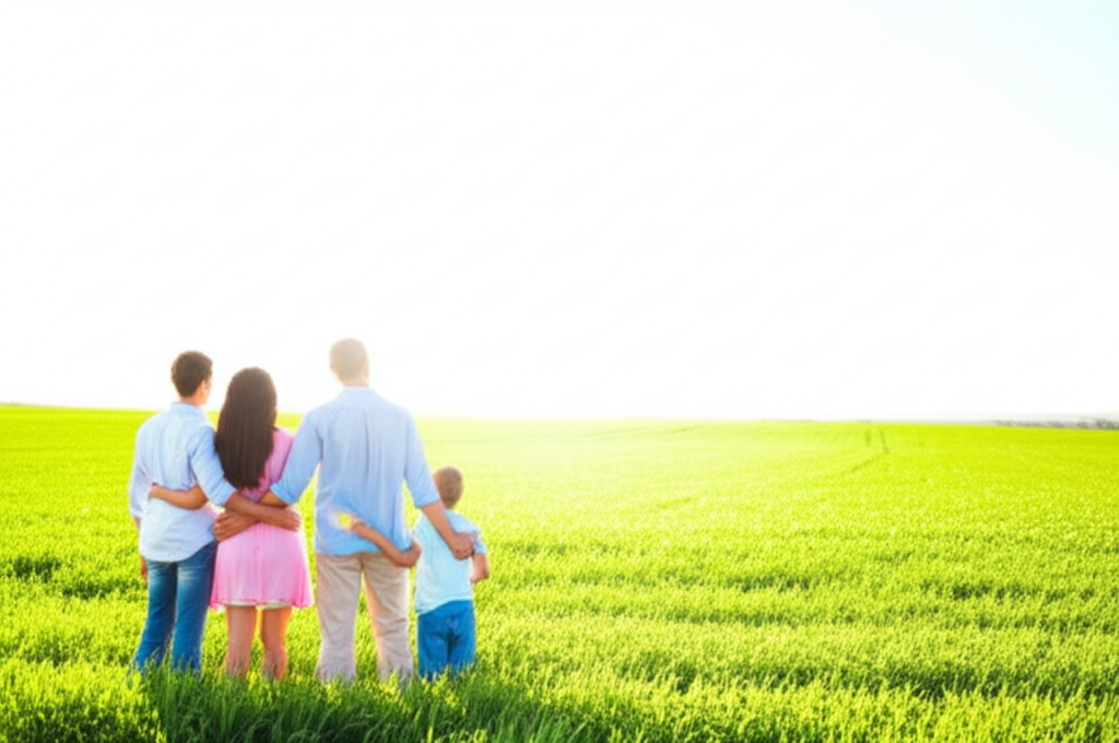 A family of four (mother, father, son, daughter) standing together looking towards a bright, sunny horizon. The foreground shows lush, green, healthy farmland.
