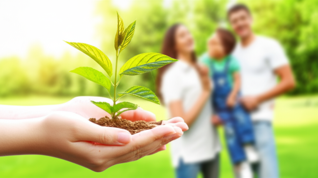 A growing sapling is held in cupped hands, with soft sunlight illuminating the scene from above. The hands are clean and unadorned, suggesting care and nurturing. In the blurred background, a family – a mother, father, and child – are interacting happily in a sunny, green park.